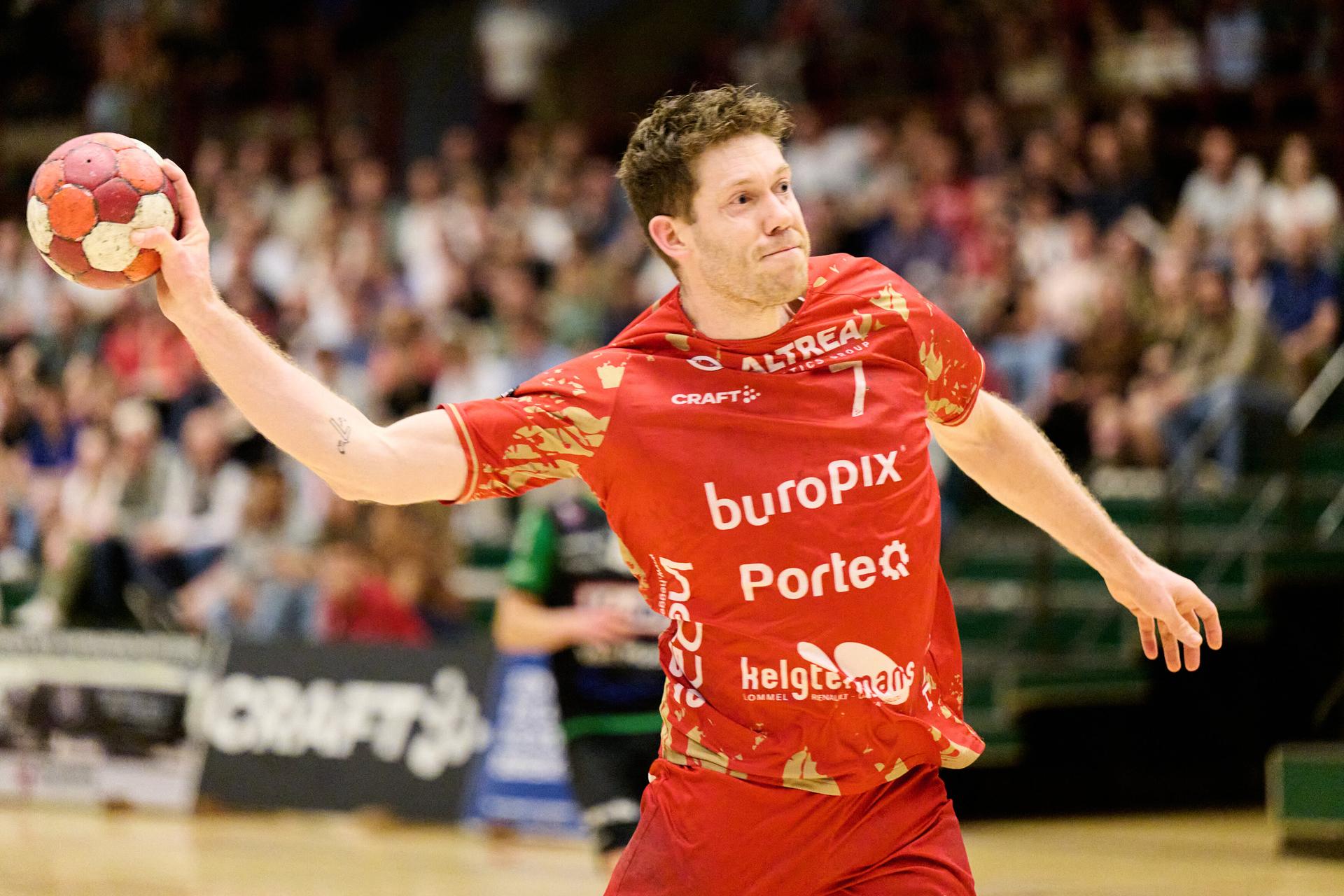 ATTENTION EDITORS - HAND OUT PICTURES - EDITORIAL USE WITH STORY ON HANDBALL ONLY - MANDATORY CREDIT ALAIN DECAMPS  Pelt's Tommie Falke pictured in action during the handball match between Sporting Pelt and Hubo Handball, a game in the Belgian first league handball competition, on Wednesday 01 May 2024. BELGA PHOTO ALAIN DECAMPS