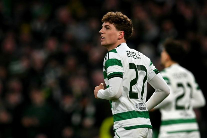 Celtic's Belgian midfielder #27 Arne Engels celebrates scoring the team's third goal during the UEFA Europa League league-stage football match between Celtic and FC Utrecht at Celtic Park in Glasgow on January 29, 2026.  ANDY BUCHANAN / AFP
