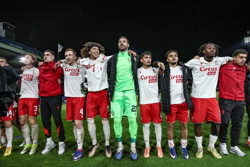 Standard's players celebrate after winning a soccer match between KVC Westerlo and Standard de Liege, Tuesday 19 May 2026 in Westerlo, on the ninth day of the Europe Play-offs (PO2) of the 2025-2026 'Jupiler Pro League' first division of the Belgian championship. BELGA PHOTO BRUNO FAHY