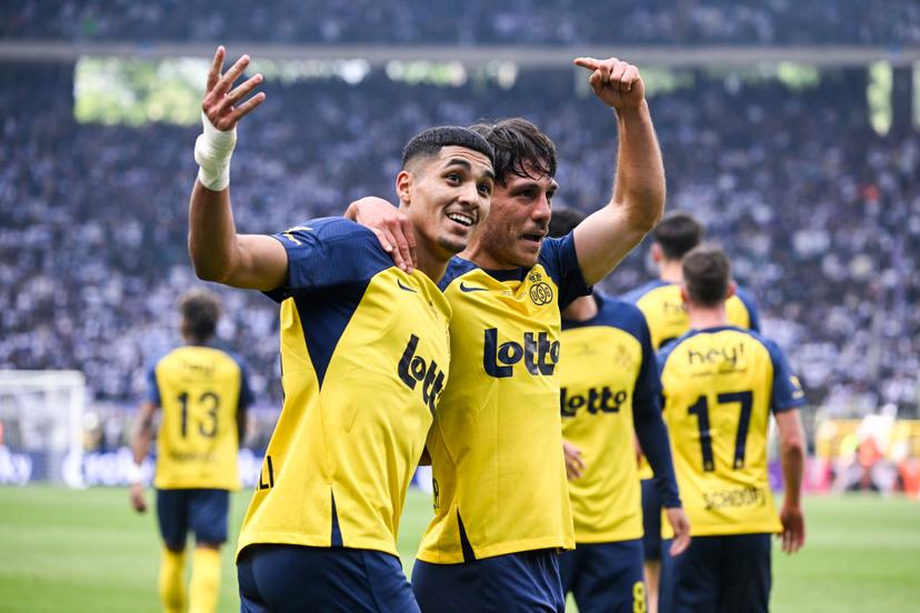 Union's Anan Khalaili and Union's Kevin Mac Allister celebrate after scoring during a soccer game between Royale Union Saint-Gilloise and RSC Anderlecht, Thursday 14 May 2026 in Brussels, the final of the 'Croky Cup' Belgian soccer cup. BELGA PHOTO TOM GOYVAERTS