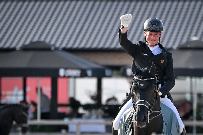 Belgian rider Justin Verboomen celebrates after winning the Dressage Nations Cup FEI CDIO4 equestrian event in Koningshooikt, Lier on Saturday 23 May 2026. BELGA PHOTO ELIAS ROM