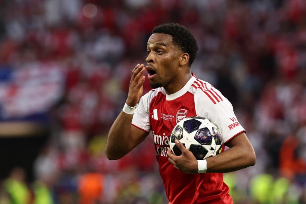 Arsenal's Dutch defender #12 Jurrien Timber reacts during the UEFA Champions League final football match between Paris Saint-Germain (PSG) and Arsenal FC at the Puskas Arena in Budapest on May 30, 2026.   FRANCK FIFE / AFP