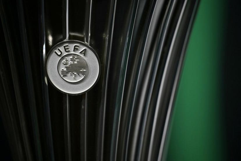 This photograph shows the UEFA logo displayed on the UEFA Conference League Cup ahead of the 2025-2026 UEFA Conference League round of 16, quarter-final and semi-final draw at the House of European Football in Nyon, western Switzerland on February 27, 2026.  Harold CUNNINGHAM / AFP