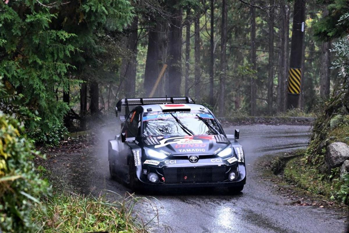 Takamoto Katsuta of Japan and his co-driver Aaron Johnston of Ireland drive their Toyota GR Yaris Rally1 during the SS19 Nukata section of the Rally Japan, the 13th round of the FIA World Rally Championships, in Toyota city, Aichi prefecture on November 9, 2025.  Toshifumi KITAMURA / AFP