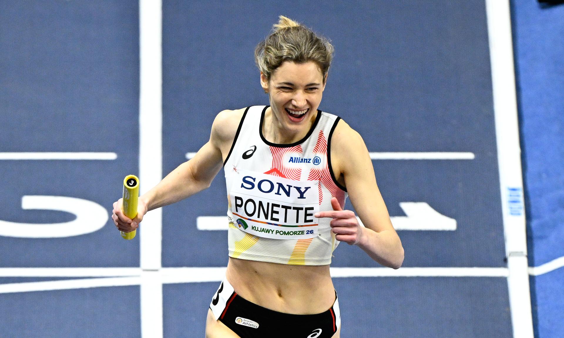 Belgian Helena Ponette celebrates after winning the 4x400m mixed relay, at the second day of the World Athletics Indoor Championship in Torun, Poland on Saturday 21 March 2026. The championships take place from 20 to 22 March. BELGA PHOTO JASPER JACOBS
