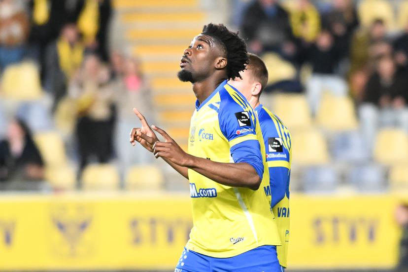 STVV's Loic Mbe Soh celebrates after scoring during a soccer match between Sint-Truiden VV and KAA Gent, Saturday 16 May 2026 in Sint-Truiden, on the eight day of the Champion's Play-offs of the 2025-2026 'Jupiler Pro League' first division of the Belgian championship. BELGA PHOTO JILL DELSAUX