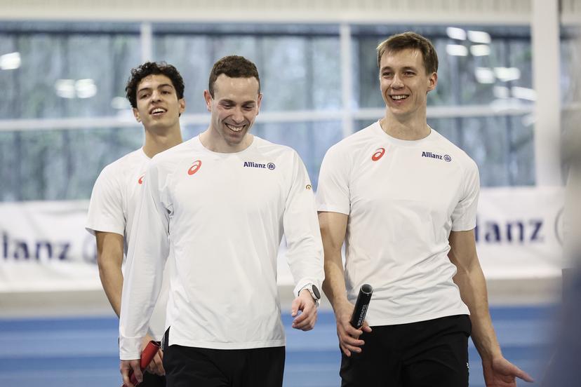 Belgian Jonathan Sacoor, Belgian Robin Vanderbemden and Belgian Julien Watrin pictured during a training session of the men's and mixed 4x400m teams for the World Indoor Athletics Championships, in Louvain-La-Neuve, on Friday 13 March 2026. The World Indoor Athletics Championships take place in Kujawy-Pomorze, Poland from 20 to 22 March. BELGA PHOTO BRUNO FAHY