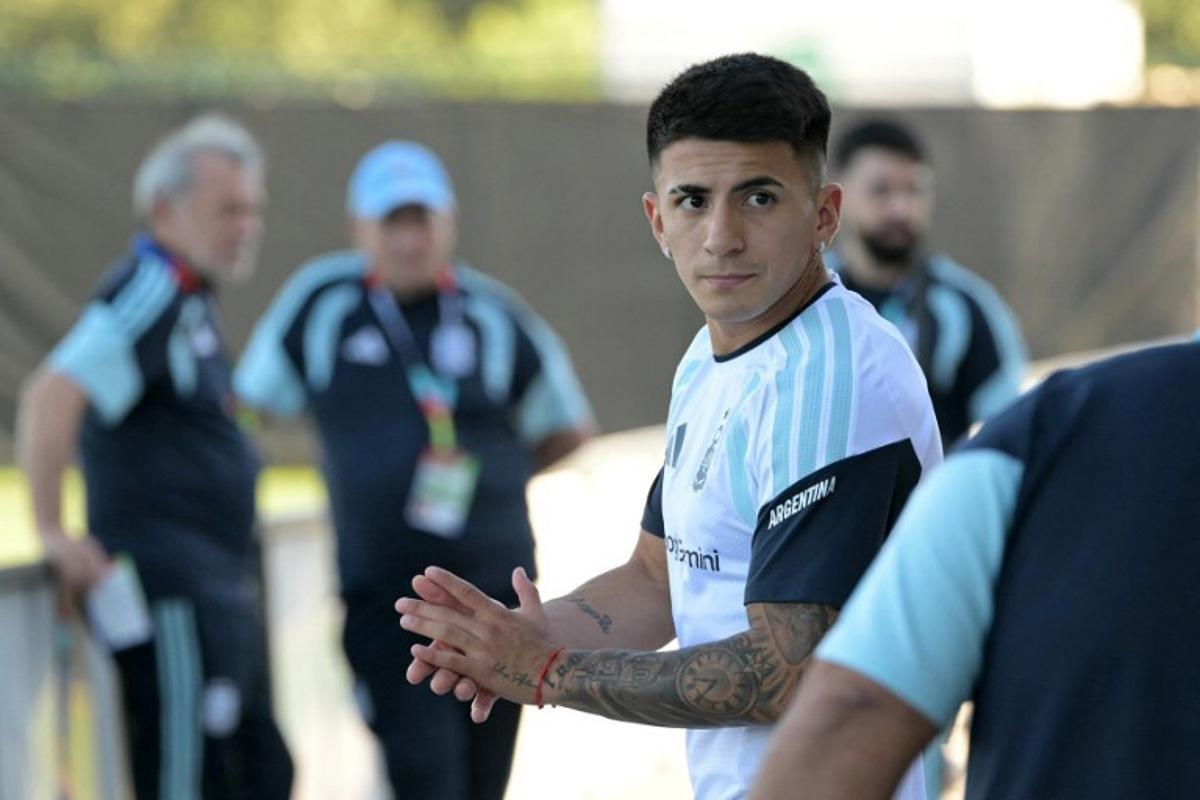 Argentina's forward Thiago Almada arrives for a training session during the 2026 World Cup football tournament at Sporting KC Training Centre in Kansas City on June 11, 2026.  JUAN MABROMATA / AFP
