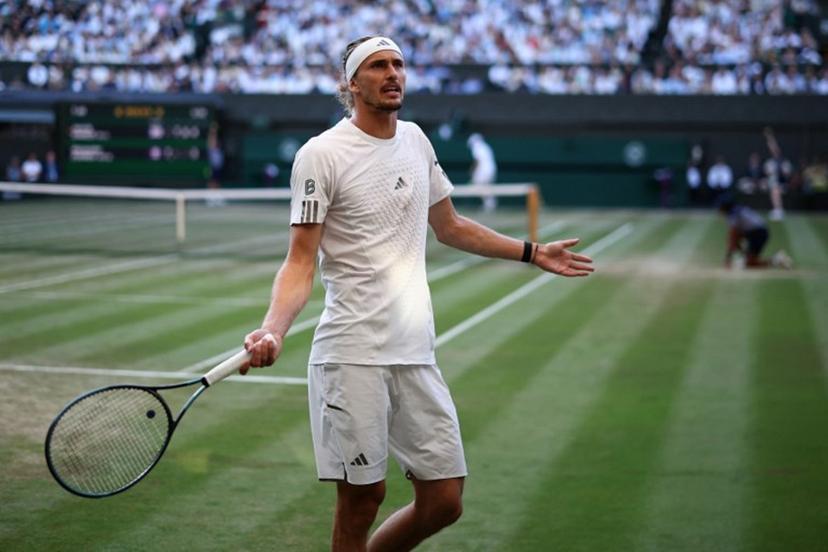 Germany's Alexander Zverev reacts against Italy's Jannik Sinner during their men's singles final tennis match on the fourteenth day of the 2026 Wimbledon Championships at The All England Lawn Tennis and Croquet Club in Wimbledon, southwest London, on July 12, 2026.  HENRY NICHOLLS / AFP