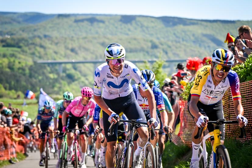 Belgian Cian Uijtdebroeks of Movistar Team and Colombian Egan Arley Bernal Gomez of INEOS Grenadiers pictured in action during the men elite race of the Liege-Bastogne-Liege UCI World Tour one day cycling race, 259,5km from Liege, over Bastogne to Liege, Sunday 26 April 2026. BELGA PHOTO ELIAS ROM