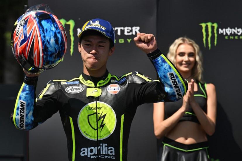 Team Trackhouse Racing MotoGP's Ai Ogura celebrates on the podium after placing second in the MotoGP Grand Prix of Czechia in Brno, Czech Republic, on June 21, 2026.  Michal Cizek / AFP