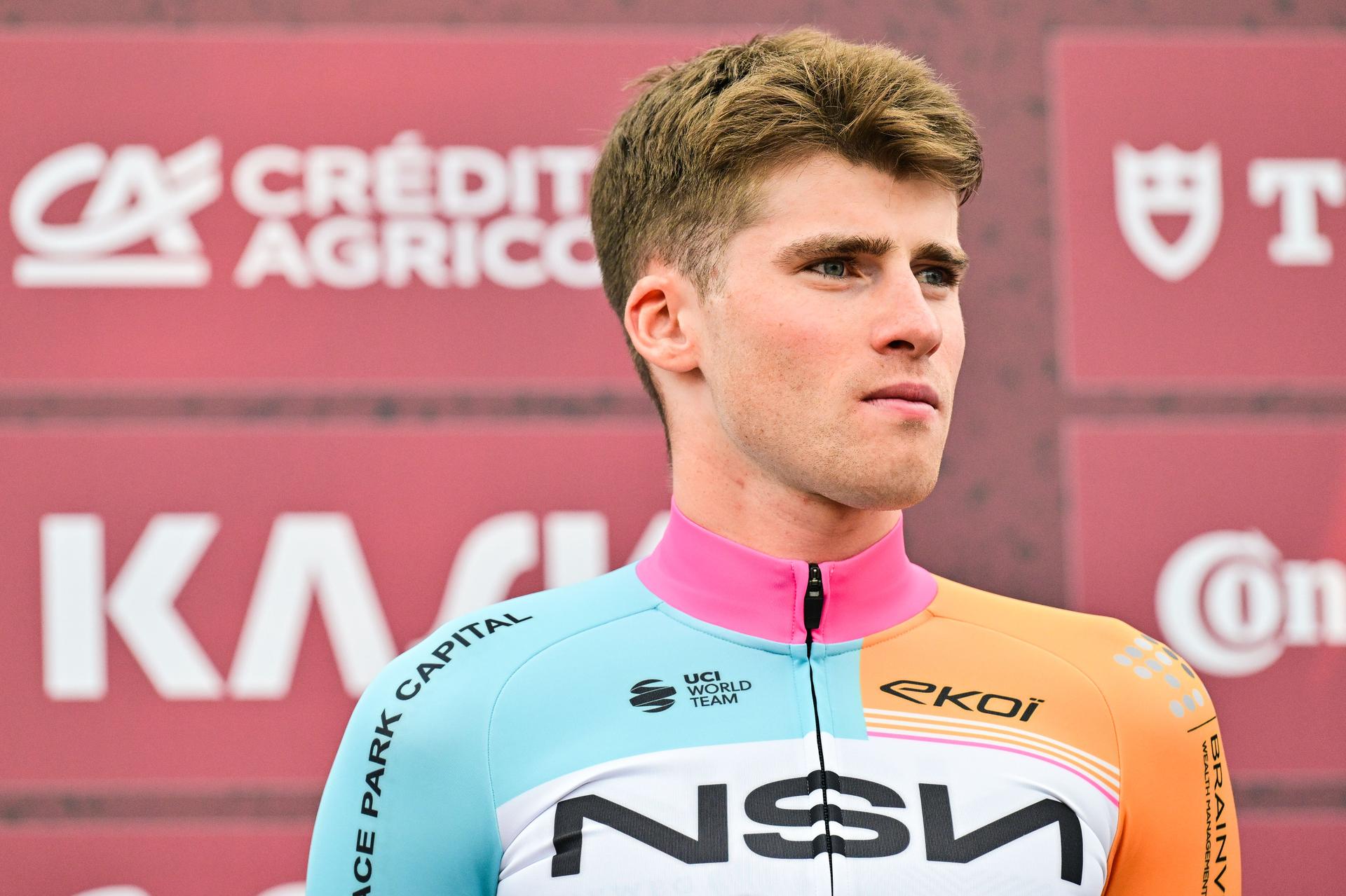 Belgian Floris Van Tricht of NSN Cycling Team pictured during the team presentations ahead of the 'Strade Bianche' one day cycling race from and to Siena, Italy, Friday 06 March 2026. BELGA PHOTO DIRK WAEM