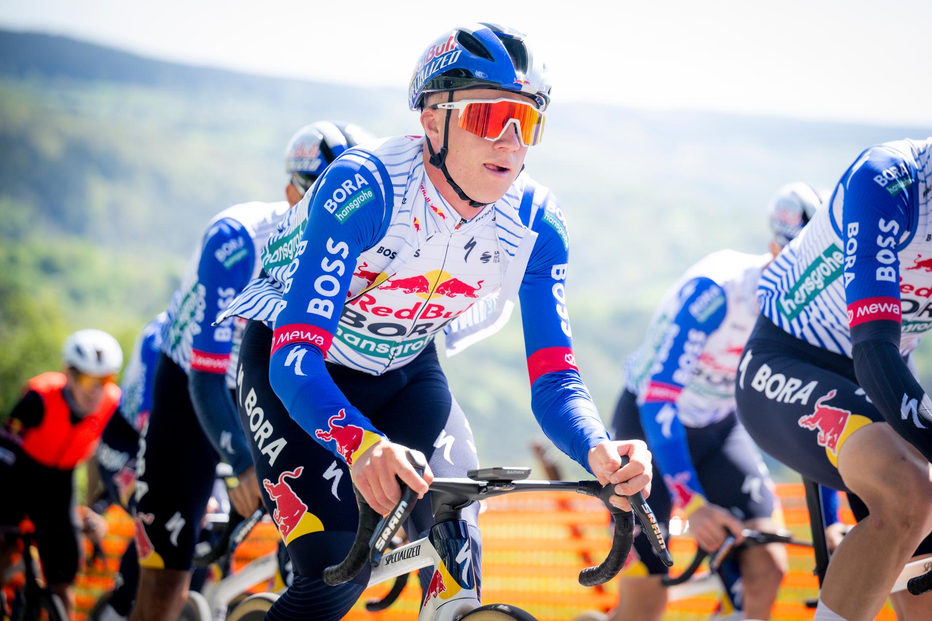 Belgian Maxim Van Gils of Red Bull-BORA-hansgrohe pictured in action during a training and track reconnaissance session, ahead of the Liege-Bastogne-Liege one day cycling race, Friday 24 April 2026. BELGA PHOTO JASPER JACOBS
