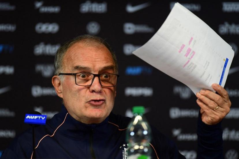 Uruguay's Argentine head coach Marcelo Bielsa gestures during a press conference at the Centenario Stadium in Montevideo on June 30, 2026.  Dante FERNANDEZ / AFP