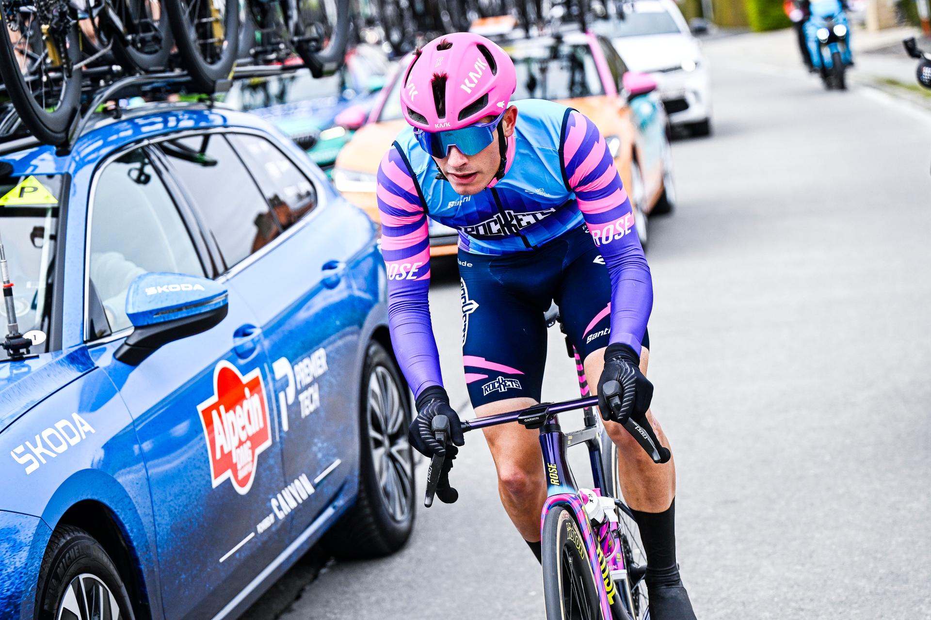 French Ronan Auge of Unibet Rose Rockets pictured in action during the 'E3 Saxo Bank Classic' one day cycling race, 208,8km from and to Harelbeke, on Friday 27 March 2026. BELGA PHOTO JASPER JACOBS