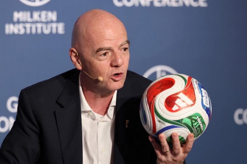 FIFA President Gianni Infantino speaks during the 29th annual Milken Institute Global Conference at the Beverly Hilton in Beverly Hills, California on May 5, 2026.  Patrick T. Fallon / AFP