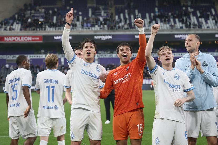 Club's players celebrate after winning a soccer match between RSCA Anderlecht and Club Brugge, Sunday 03 May 2026 in Brussels, on the fifth day of the Champion's Play-off of the 2025-2026 'Jupiler Pro League' first division of the Belgian championship. BELGA PHOTO BRUNO FAHY