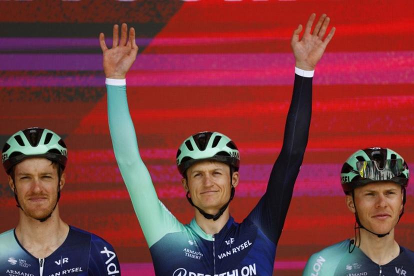 Decathlon CMA CGM Team Austrian rider Felix Gall (C) looks on during the presentation of the teams prior the 1st stage of the Giro d'Italia 2026 - Tour of Italy cycling race between Nessebar and Burgas, Bulgaria, on May 8, 2026.  Luca Bettini / AFP