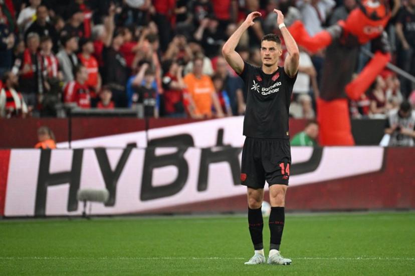 Bayer Leverkusen's Czech forward #14 Patrik Schick celebrates scoring the 3-0 goal during the German first division Bundesliga football match between Bayer 04 Leverkusen and RB Leipzig in Leverkusen, western Germany, on May 2, 2026.   UWE KRAFT / AFP