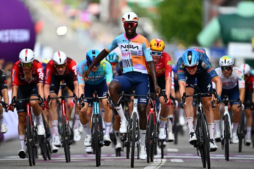 Winner Eritrean Biniam Girmay of NSN Cycling Team and Belgian Tim Merlier during the final sprint of stage 1 of the Baloise Belgium Tour cycling race, 187,9 km with start and finish in Scherpenheuvel-Zichem, Wednesday 17 June 2026. The Baloise Belgium Tour takes place from 17 to 21 June. BELGA PHOTO JASPER JACOBS