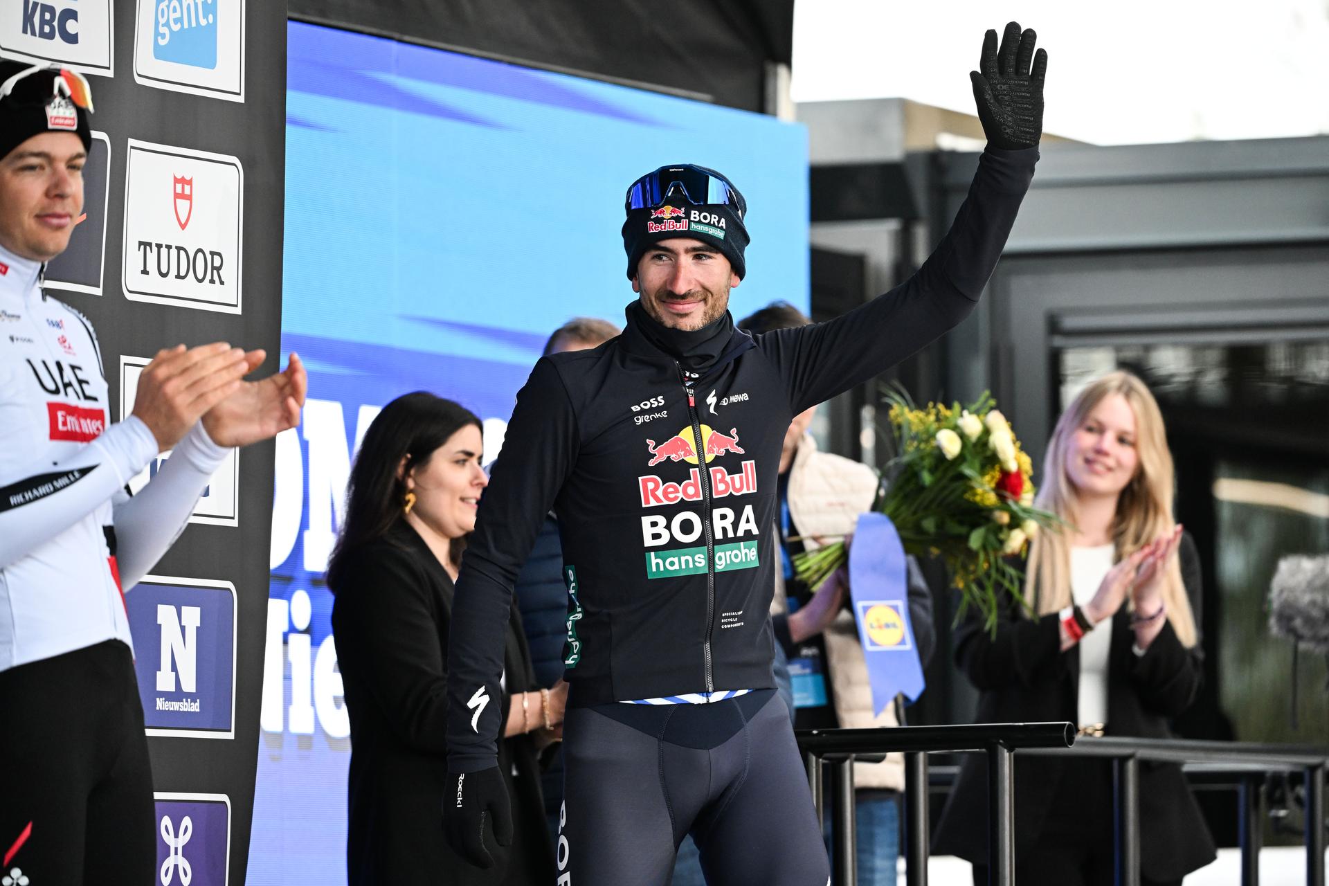 Dutch Tim Van Dijke of Red Bull-BORA-hansgrohe pictured on the podium after the 81st edition of the men's one-day cycling race Omloop Het Nieuwsblad (UCI World Tour), the opening race of the Flemish one-day classics season, 207,6 km from Gent to Ninove, Saturday 28 February 2026. BELGA PHOTO MAARTEN STRAETEMANS