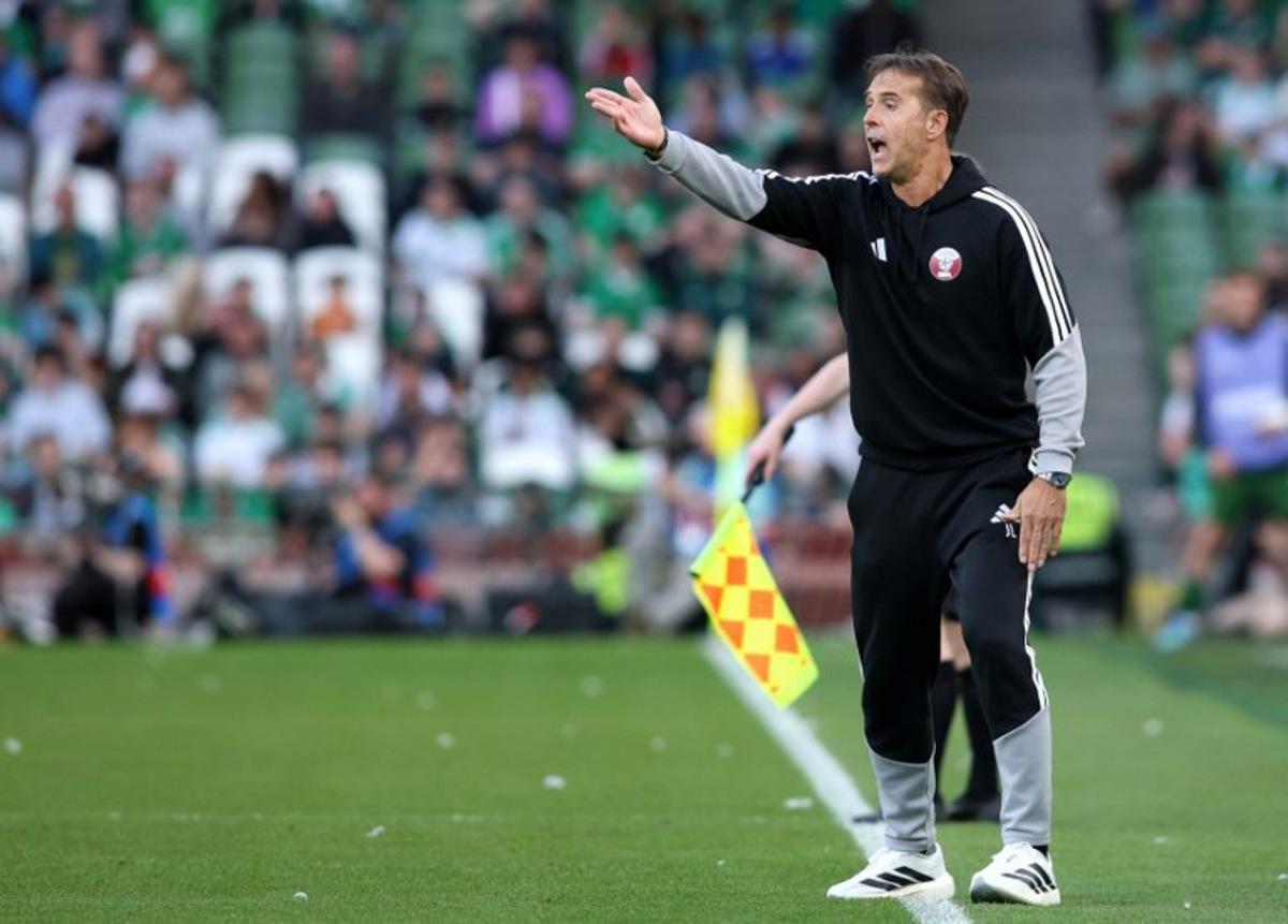 Qatar's Spanish Manager Julen Lopetegui reacts during the international friendly football match between the Republic of Ireland and Qatar, at the Aviva Stadium in Dublin, Ireland on May 28, 2026.  Paul Faith / AFP