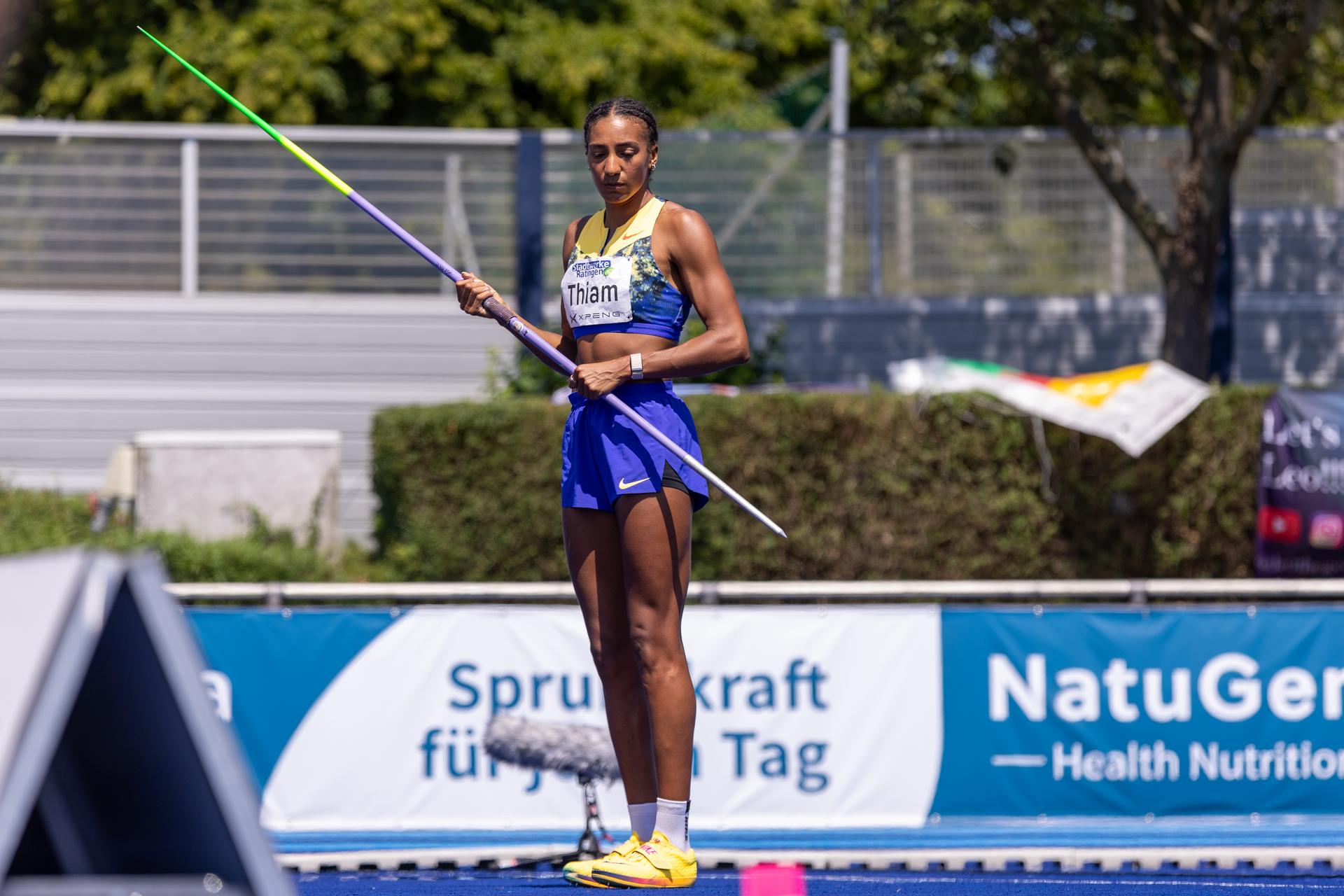 Belgian Nafissatou Nafi Thiam pictured in action during the javelin throw of the women's heptathlon event at the Stadtwerke Ratingen Mehrkampf-Meeting, IAAF World Athletics Combined Events Tour, in Ratingen, Germany, on Sunday 28 June 2026.  BELGA PHOTO BJORN PAREE