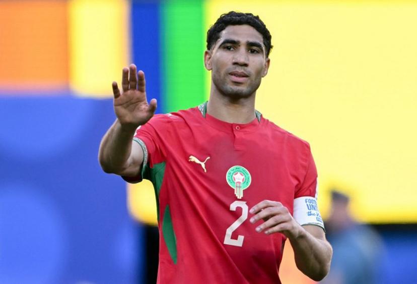 Morocco's defender #02 Achraf Hakimi reacts after missing a chance during the 2026 World Cup Group C football match between Brazil and Morocco at the New York/New Jersey Stadium in East Rutherford on June 13, 2026.  Mauro PIMENTEL / AFP