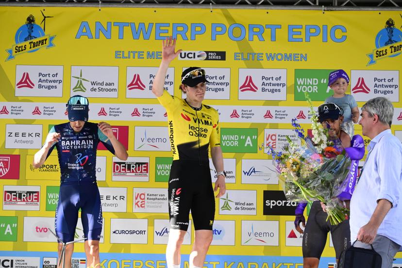 Norwegian Per Strand Hagenes of Team Visma-Lease a Bike, Spanish Pau Miquel Delgado of Bahrain Victorious and Belgian Dries De Bondt of Team Jayco-AIUIa pictured on the podium after the 'Antwerp Port Epic men's elite one day cycling race, 196,4 km in and around Antwerp, Monday 25 May 2026.  BELGA PHOTO TOM GOYVAERTS