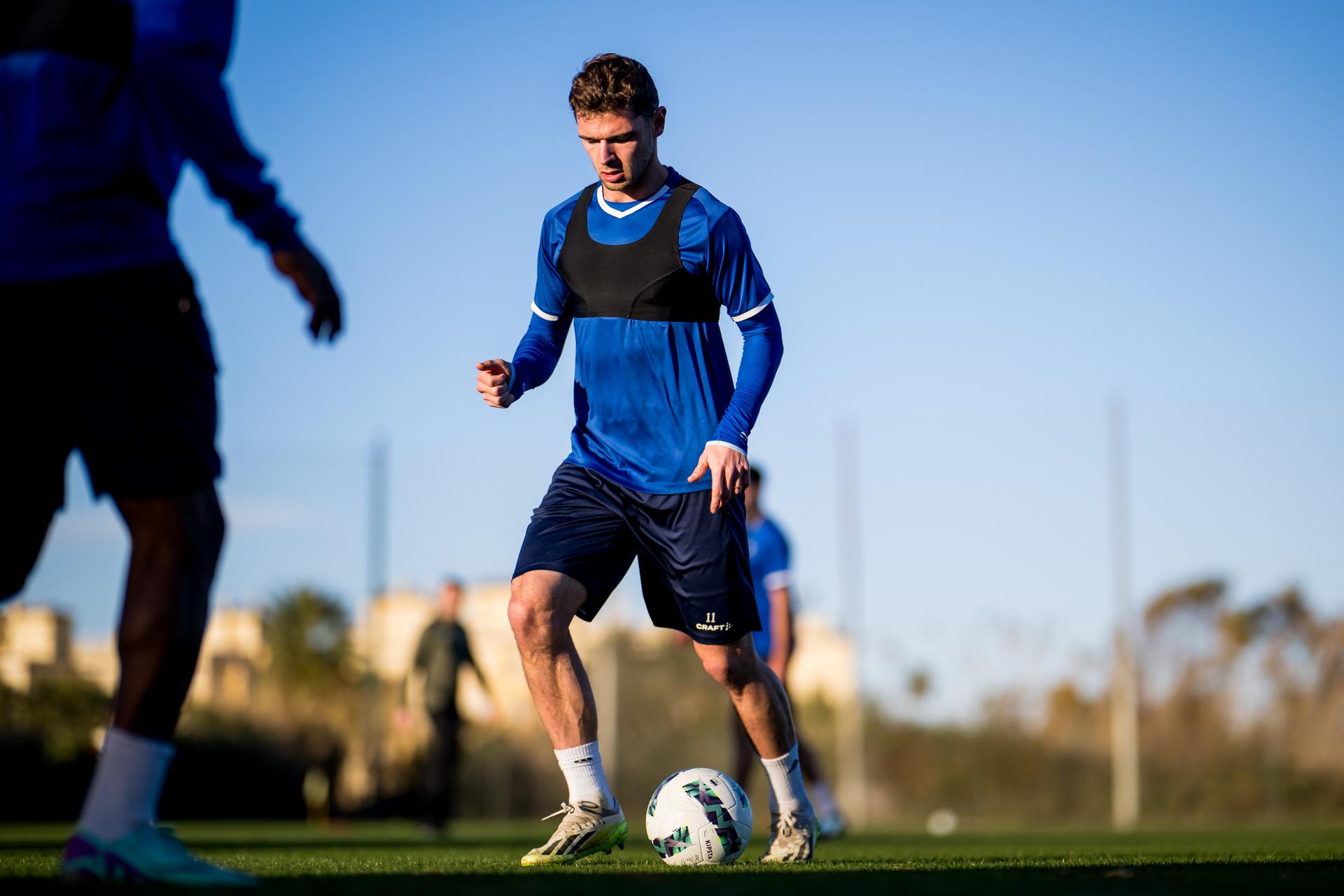 Gent's Hugo Cuypers pictured in action during the winter training camp of Belgian soccer team KAA Gent, in Oliva, Spain, Monday 08 January 2024. BELGA PHOTO JASPER JACOBS