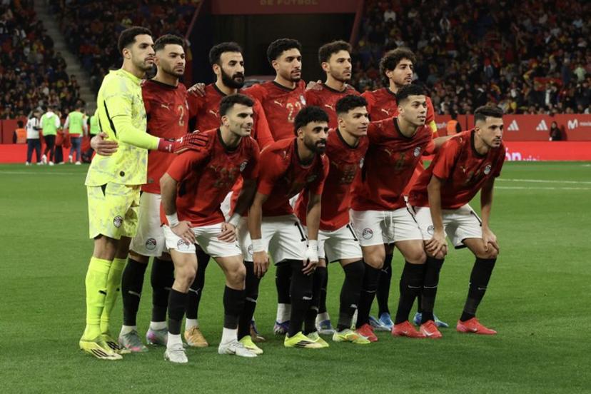 Egypt's players line up before the international friendly football match between Spain and Egypt at RCDE Stadium in Cornella de Llobregat, near Barcelona, on March 31, 2026.  Lluis GENE / AFP