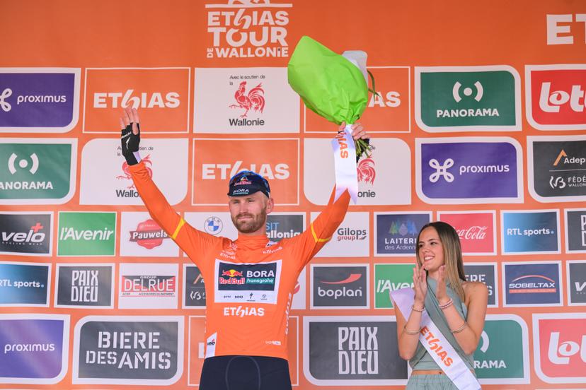 Belgian Jordi Meeus of Red Bull-BORA-hansgrohe pictured on the podium after the first stage of the Tour De Wallonie cycling race, 180,7 km from Manage to Lobbes, on Monday 01 June 2026. BELGA PHOTO DAVID PINTENS