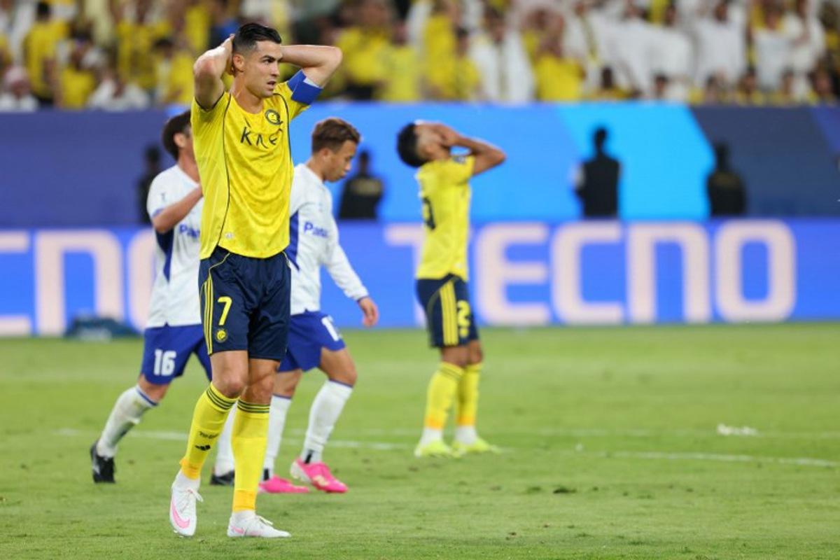Nassr's Portuguese forward #07 Cristiano Ronaldo reacts during the 2026 AFC Champions League Two final football match between Al-Nassr and Gamba Osaka at the Al-Awwal Park Stadium in Riyadh on May 16, 2026.  Fayez NURELDINE / AFP