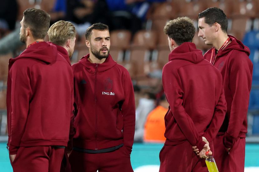 Belgium's Charles Vanhoutte, Belgium's Kevin De Bruyne, Belgium's Hans Vanaken, Belgium's Maxim De Cuyper and Belgium's Brandon Mechele pictured ahead of a soccer game between Belgian national soccer team Red Devils and Liechtenstein, in Vaduz, on Thursday 04 September 2025, the third (out of 8) qualification game for the World Cup 2026. BELGA PHOTO BRUNO FAHY