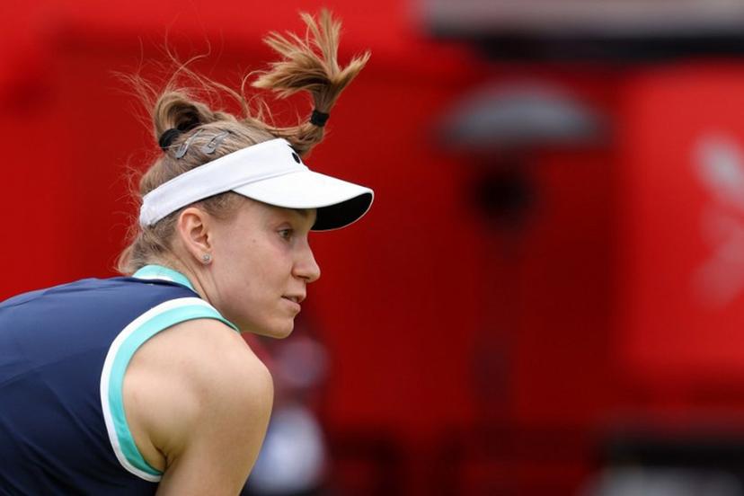 Kazakhstan's Elena Rybakina watches the ball after serving during her round of 16 women's singles match against Germany's Tatjana Maria at the HSBC WTA tennis Championships at Queen's Club in west London on June 12, 2026.  Adrian Dennis / AFP