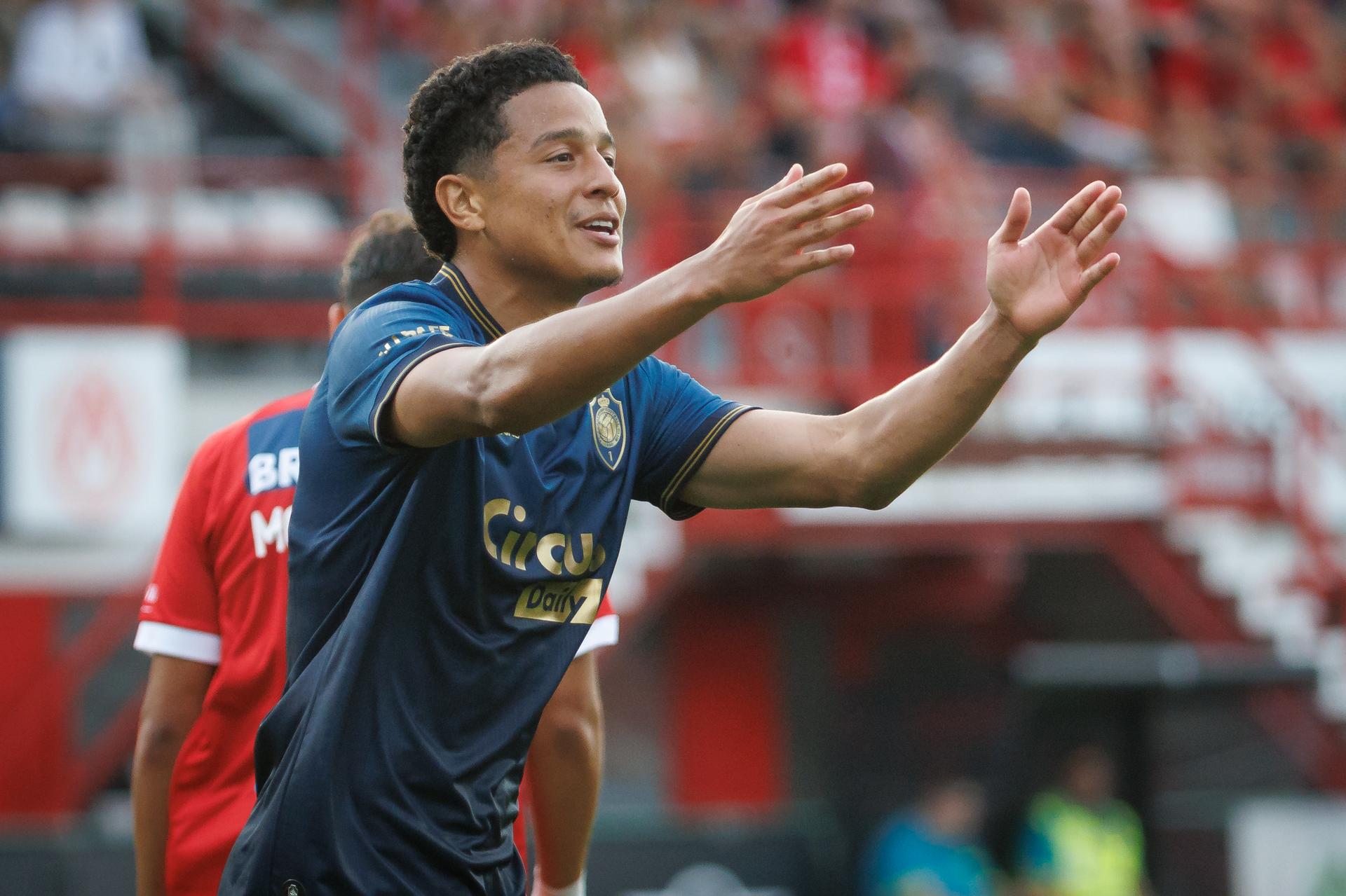 Antwerp's Anthony Valencia celebrates after scoring during a soccer match between KV Kortrijk and Royal Antwerp FC, Saturday 15 August 2026 in Kortrijk, on day 2 of the 2026-2027 'Jupiler Pro League' first division of the Belgian championship. BELGA PHOTO KURT DESPLENTER