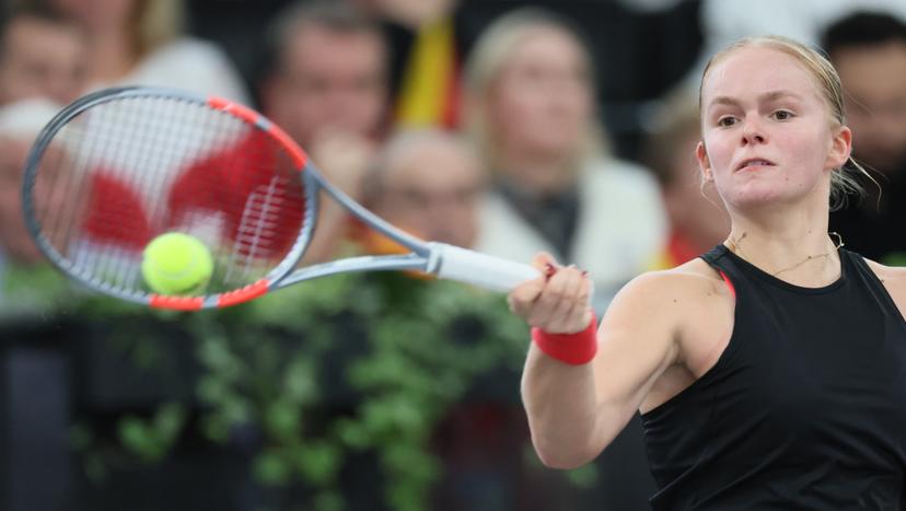 Belgian Jeline Vandromme pictured during the first game between Belgian Vandromme and German Friedsam in the Billie Jean King Cup Play-offs, between Belgium and Germany, on Sunday 16 November 2025 in Ismaning, Germany. PHOTO BENOIT DOPPAGNE