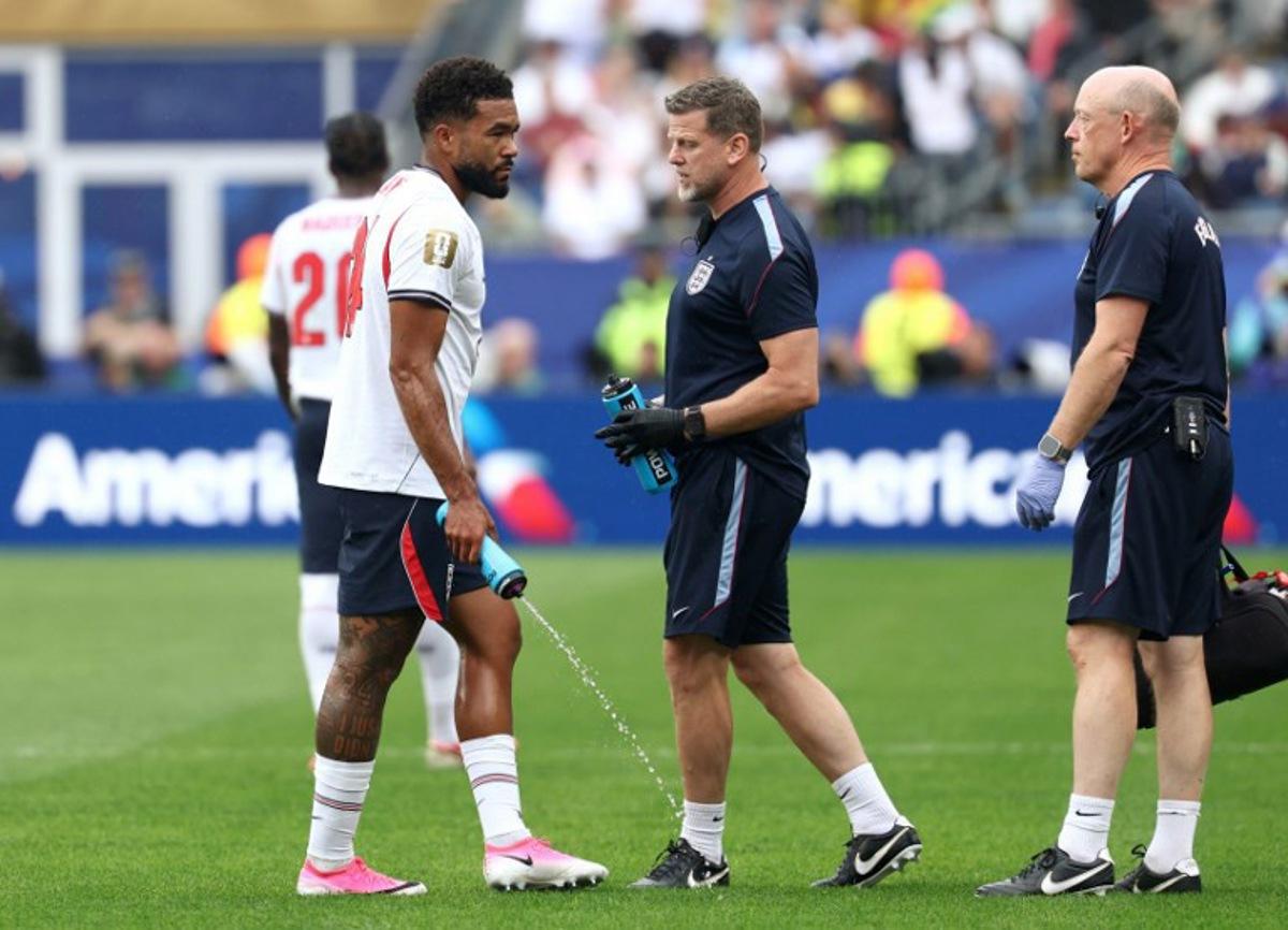 England's defender #24 Reece James reacts  during the 2026 World Cup Group L football match between England and Ghana at the Boston Stadium in Foxborough on June 23, 2026.   FRANCK FIFE / AFP