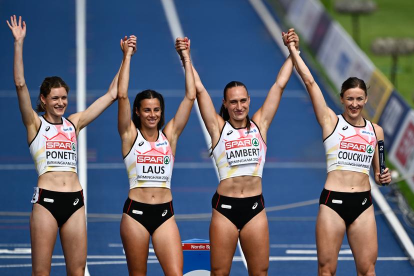 Belgian Helena Ponette; Belgian Camille Laus; Belgian Kylie Lambert and Belgian Paulien Couckuyt pictured during the women's 4x400m relay on the fifth day of the European Athletics Championships (August 10-18) in Birmingham, United Kingdom, on Friday 14 August 2026. BELGA PHOTO ERIC LALMAND