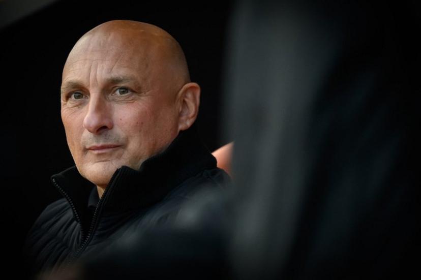 Lorient's French head coach Olivier Pantaloni attends the French L1 football match between FC Lorient and Le Havre AC at the Stade du Moustoir in Lorient, western France, on May 17, 2026.  Loic VENANCE / AFP