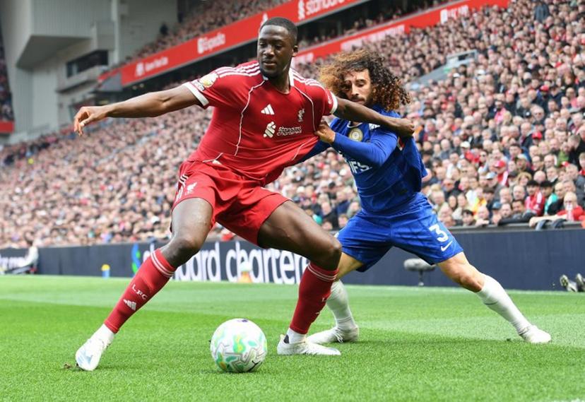 Chelsea's Spanish defender #03 Marc Cucurella (R) pulls on the shirt of Liverpool's French defender #05 Ibrahima Konate during the English Premier League football match between Liverpool and Chelsea at Anfield in Liverpool, north west England on May 9, 2026.  PETER POWELL / AFP