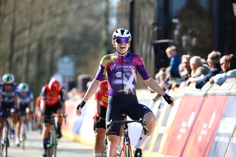Polish Marta Lach of SD Worx-Protime celebrates as she crosses the finish line to win the 'Nokere Koerse' one day cycling race for women elite, 134km from Deinze to Nokere, on Wednesday 19 March 2025. BELGA PHOTO DAVID PINTENS