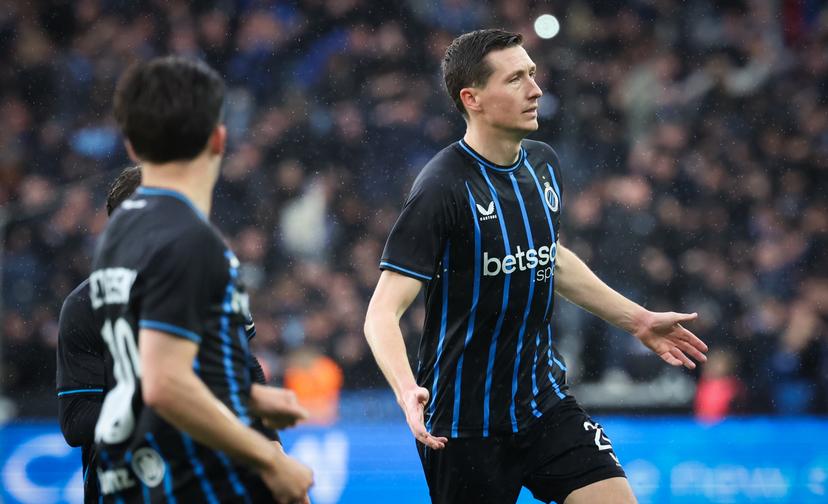 Club's Hans Vanaken celebrates after scoring during a game between Belgian soccer team Club Brugge KV and Royale Union Saint-Gilloise, Sunday 17 May 2026 in Brugge, on day 8 of the Champion's Play-Off (PO 1) competition of the Jupiler Pro League. BELGA PHOTO VIRGINIE LEFOUR