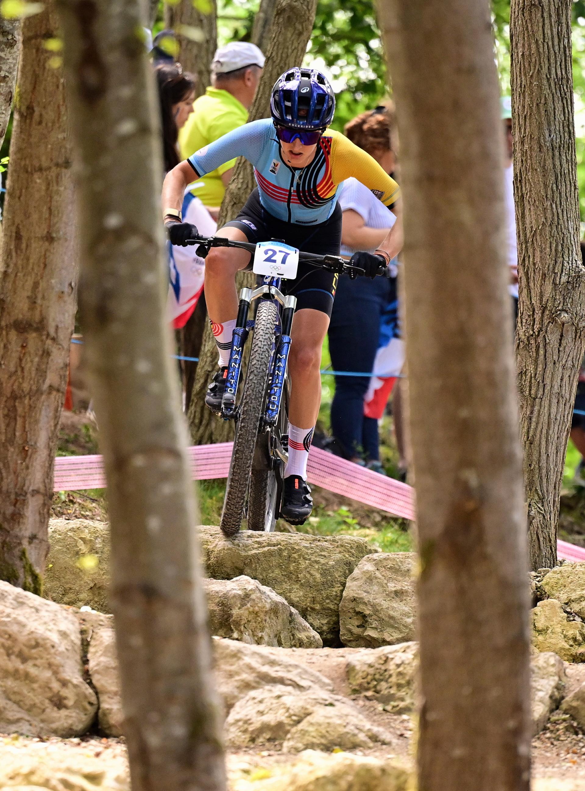 Belgian Emeline Detilleux pictured in action during the women's cross-country cycling race of the Paris 2024 Olympic Games, at the Colline d'Elancourt climb near Paris, France on Sunday 28 July 2024. The Games of the XXXIII Olympiad are taking place in Paris from 26 July to 11 August. The Belgian delegation counts 165 athletes competing in 21 sports. BELGA PHOTO LAURIE DIEFFEMBACQ