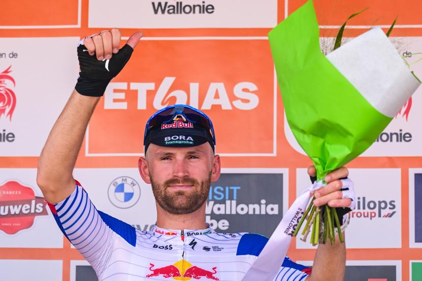 Belgian Jordi Meeus of Red Bull-BORA-hansgrohe pictured on the podium after the first stage of the Tour De Wallonie cycling race, 180,7 km from Manage to Lobbes, on Monday 01 June 2026. BELGA PHOTO DAVID PINTENS