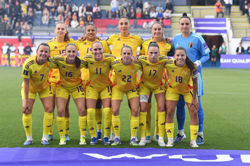 Belgium's players pictured before a soccer game between Belgium's national women's team the Red Flames and Luxembourg, on Friday 05 June 2026 in Leuven, in the fifth of six games of the qualifiers for the 2027 FIFA Women's World Cup. BELGA PHOTO JILL DELSAUX