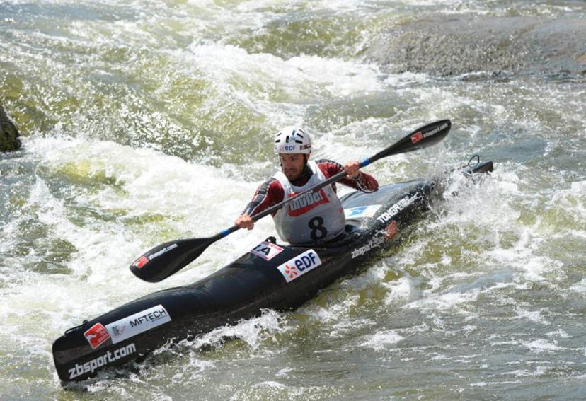 French Theo Devard competes in the Kayak K1 men race at the ICF Wildwater Canoeing Sprint World in the southern German city of  Augsburg, on June 12, 2011. AFP PHOTO/CHRISTOF STACHE  CHRISTOF STACHE / AFP
