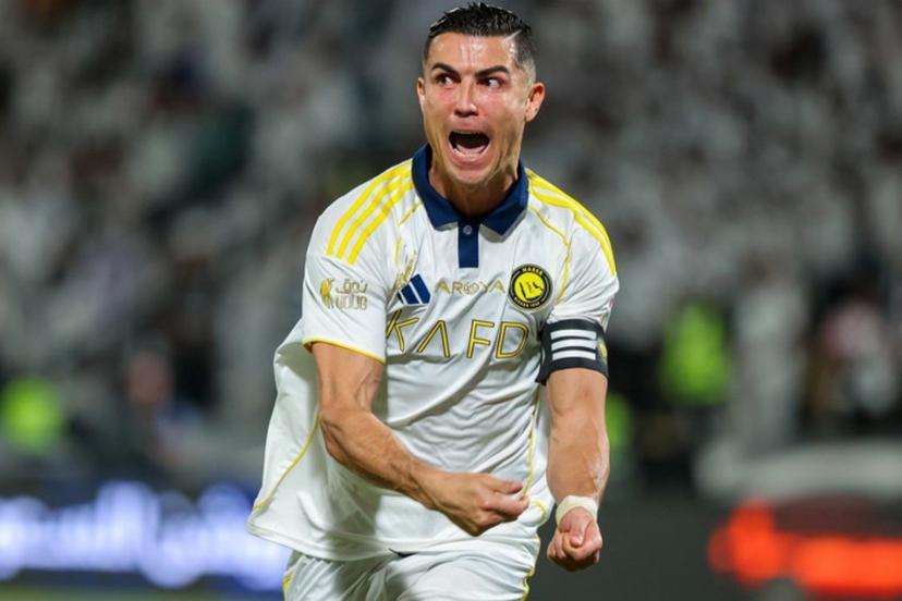 Nassr's Portuguese forward #07 Cristiano Ronaldo celebrates scoring his team's third goal during the Saudi Pro League football match between Al-Shabab and Al-Nassr at King Fahd Sports City Stadium in Riyadh on May 7, 2026.  Fayez NURELDINE / AFP