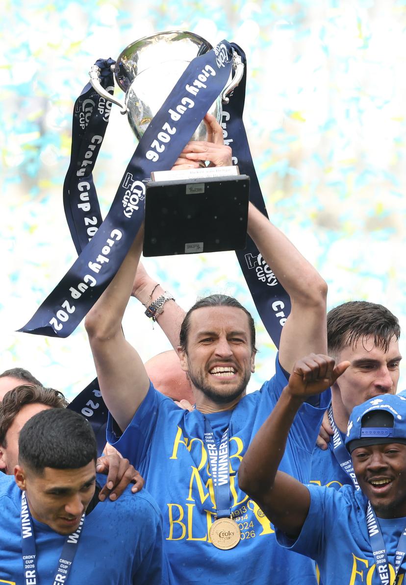 Union's Christian Burgess celebrates on the podium after winning a soccer game between Royale Union Saint-Gilloise and RSC Anderlecht, Thursday 14 May 2026 in Brussels, the final of the 'Croky Cup' Belgian soccer cup. BELGA PHOTO VIRGINIE LEFOUR