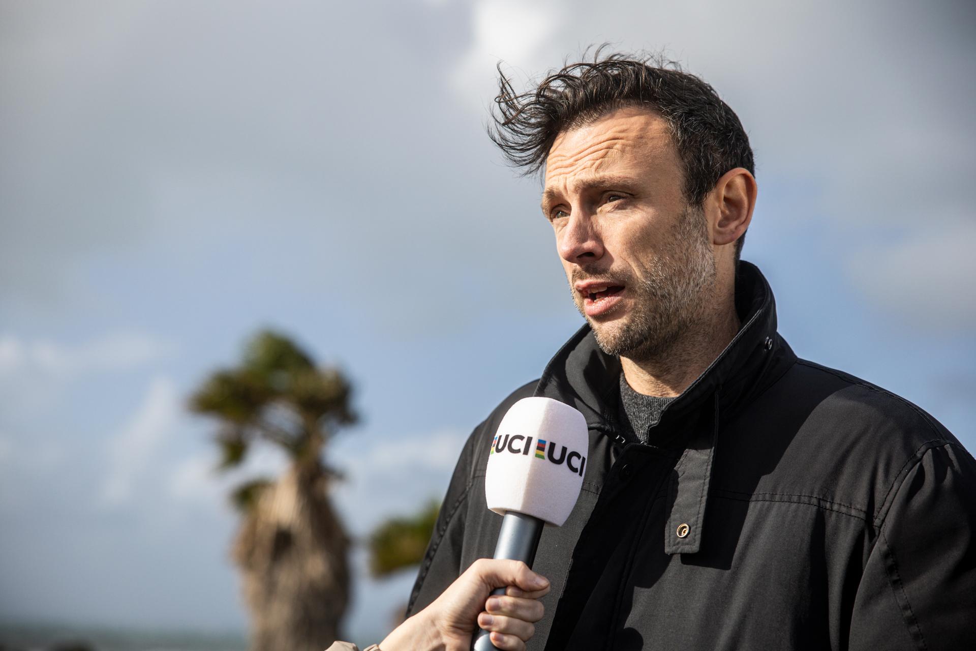 Tomas Van Den Spiegel of Flanders Classics pictured during a press moment about the decision of cancelling the World Cup cyclocross cycling event in Cabras, Sardinia, stage 3 (out of 12) of the UCI World Cup cyclocross competition, Sunday 08 December 2024. The island and surrounding area were hit by a violent storm, with gusts reaching 100 km/h, causing major damage. The safety of racers and spectators is therefore at risk. In addition, a fire last night destroyed the press room. BELGA PHOTO DAVID PINTENS